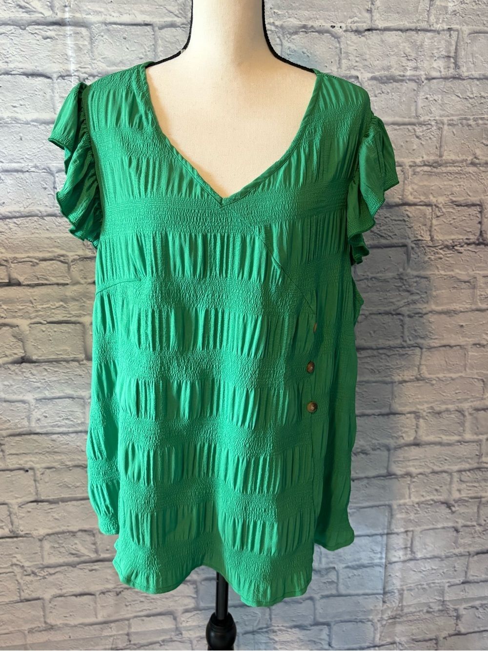 SHEIN Emerald Green V-Neck Ruffle Sleeve Blouse